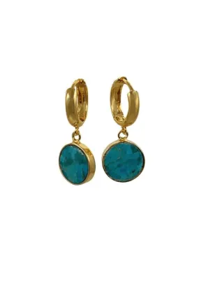 12MM Bezel Round Turquoise Stones on 18KT Gold Fill Hoops