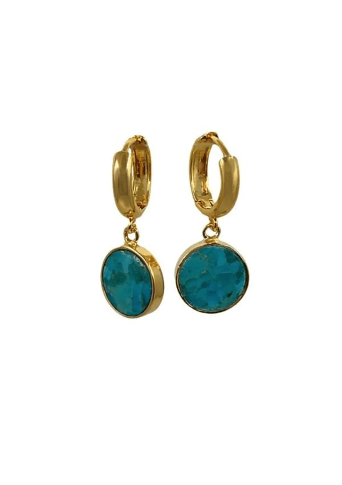 12MM Bezel Round Turquoise Stones on 18KT Gold Fill Hoops
