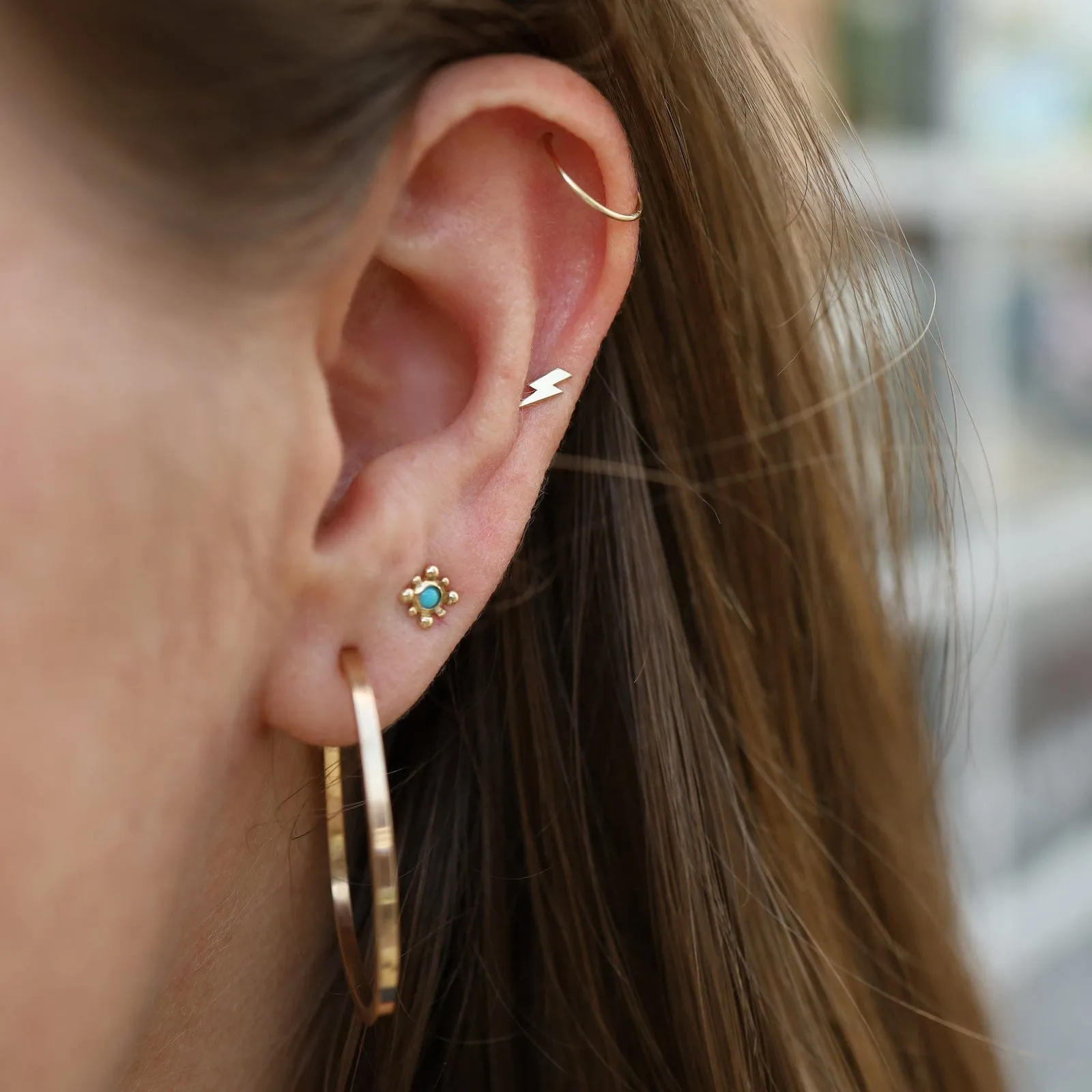 14K Gold Tiny Bead Turquoise Starburst Stud