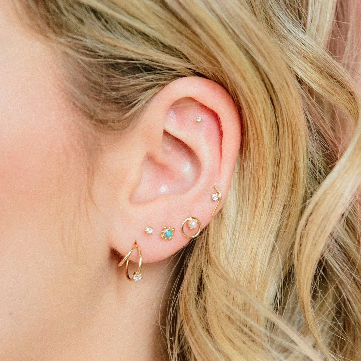 14K Gold Tiny Bead Turquoise Starburst Stud