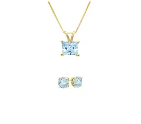 18K Yellow Gold 2ct Aquamarine Princess Cut 18 Inch Necklace and Round Earrings Set Plated