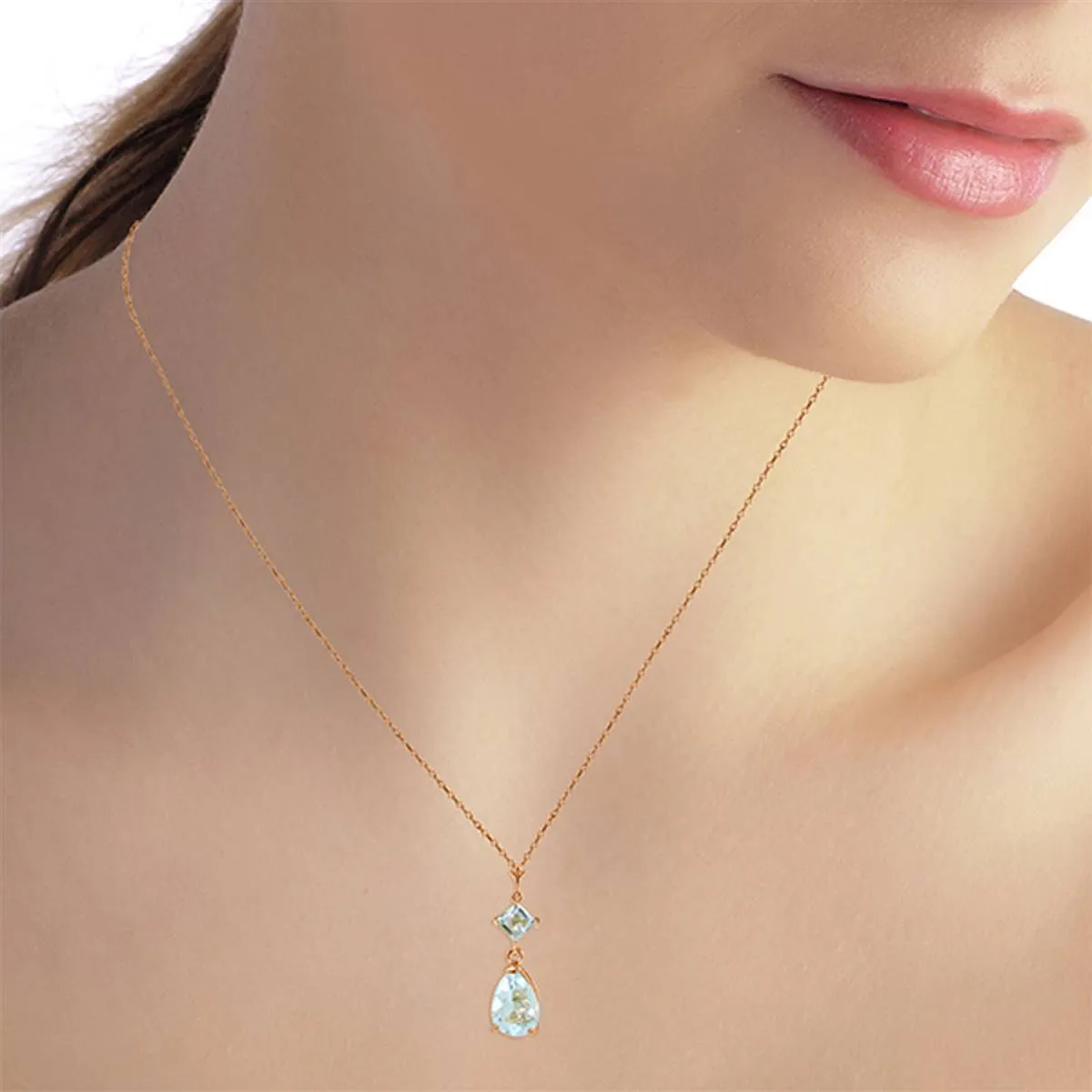 2 Carat 14K Solid Rose Gold Sparkly Dew Aquamarine Necklace