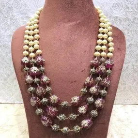 3 Layered Pearl Semi Prescious Necklace