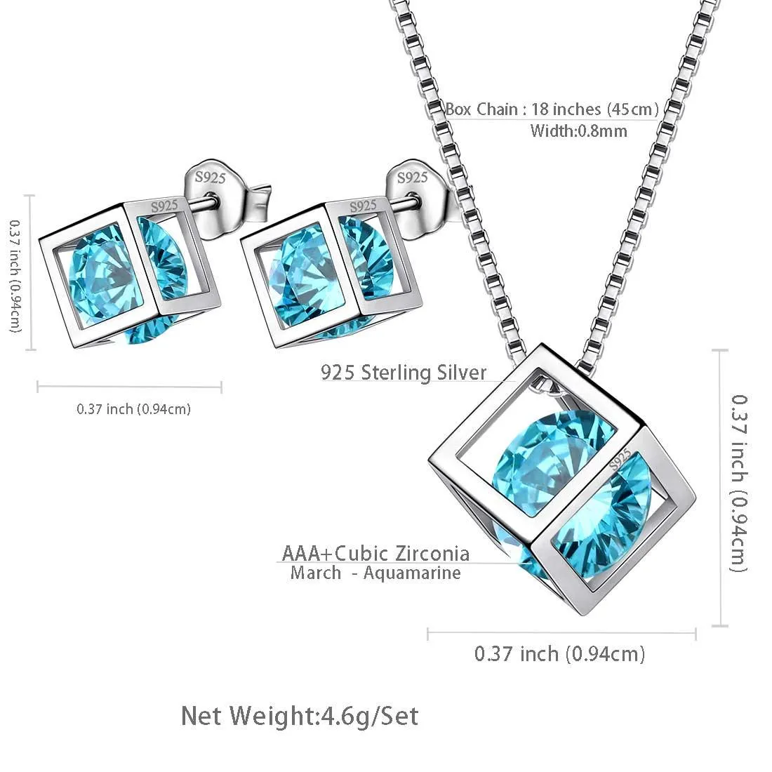 3D Cube Birthstone March Aquamarine Jewelry Set 3PCS Women Girls Birthday Gift