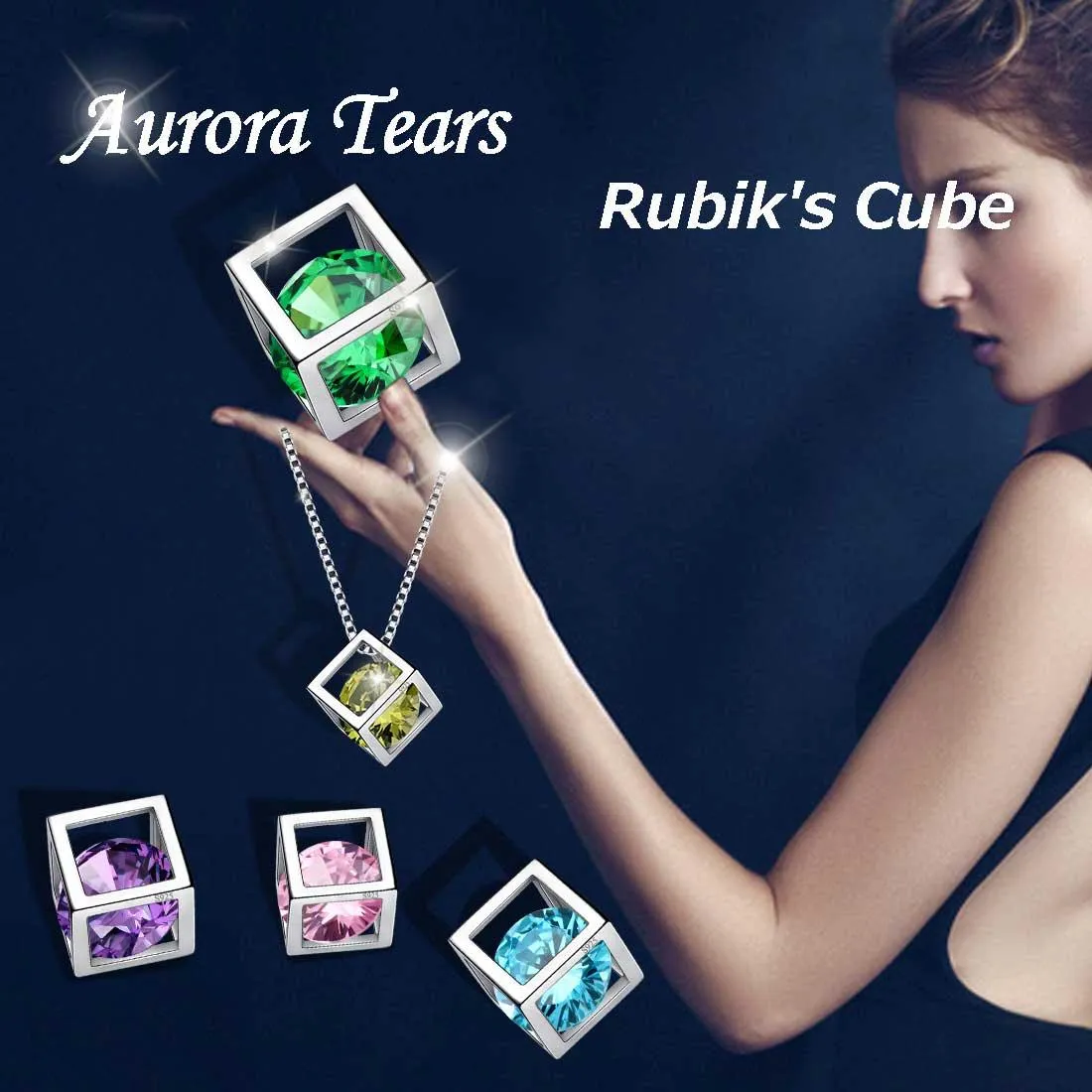 3D Cube Birthstone March Aquamarine Jewelry Set 3PCS Women Girls Birthday Gift