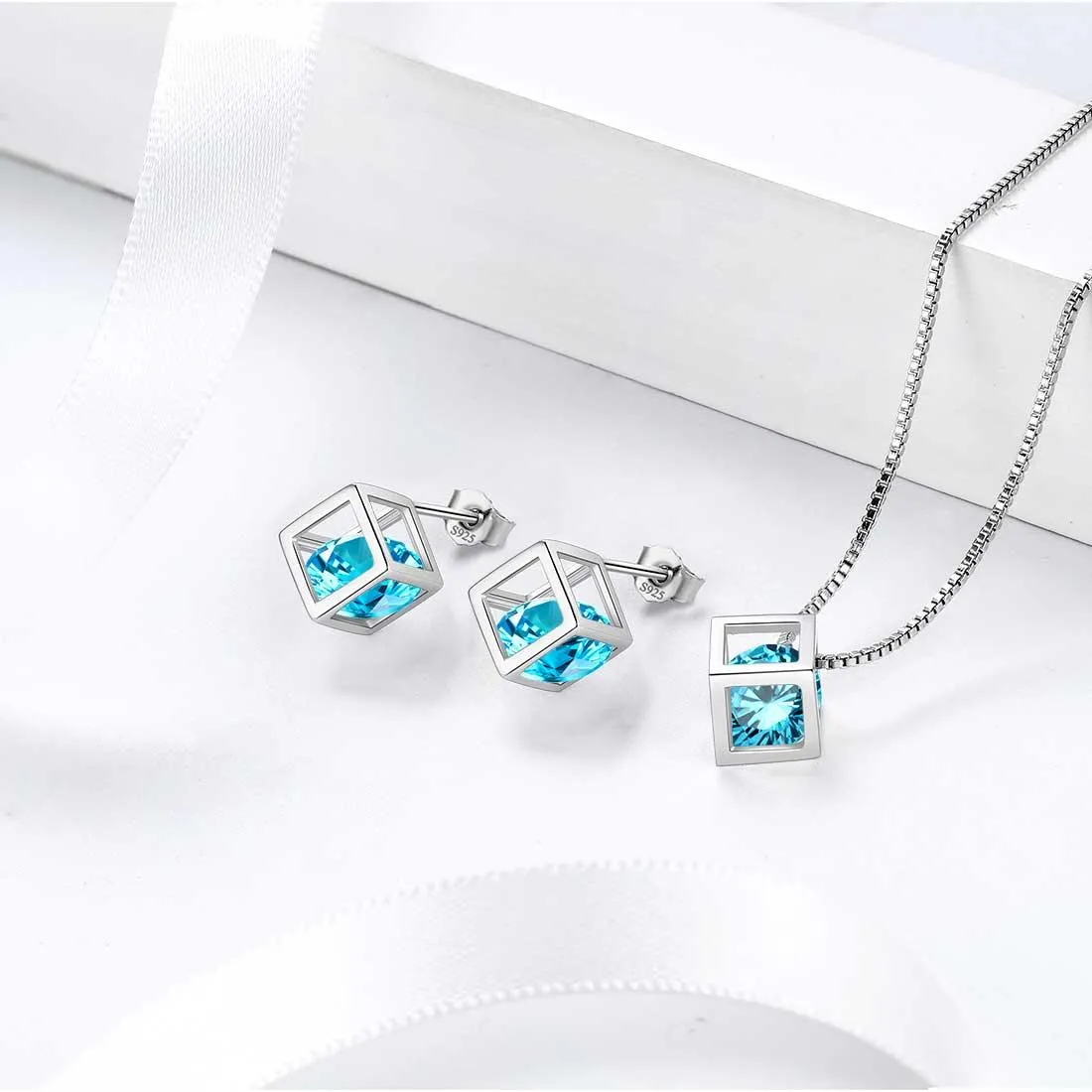 3D Cube Birthstone March Aquamarine Jewelry Set 3PCS Women Girls Birthday Gift