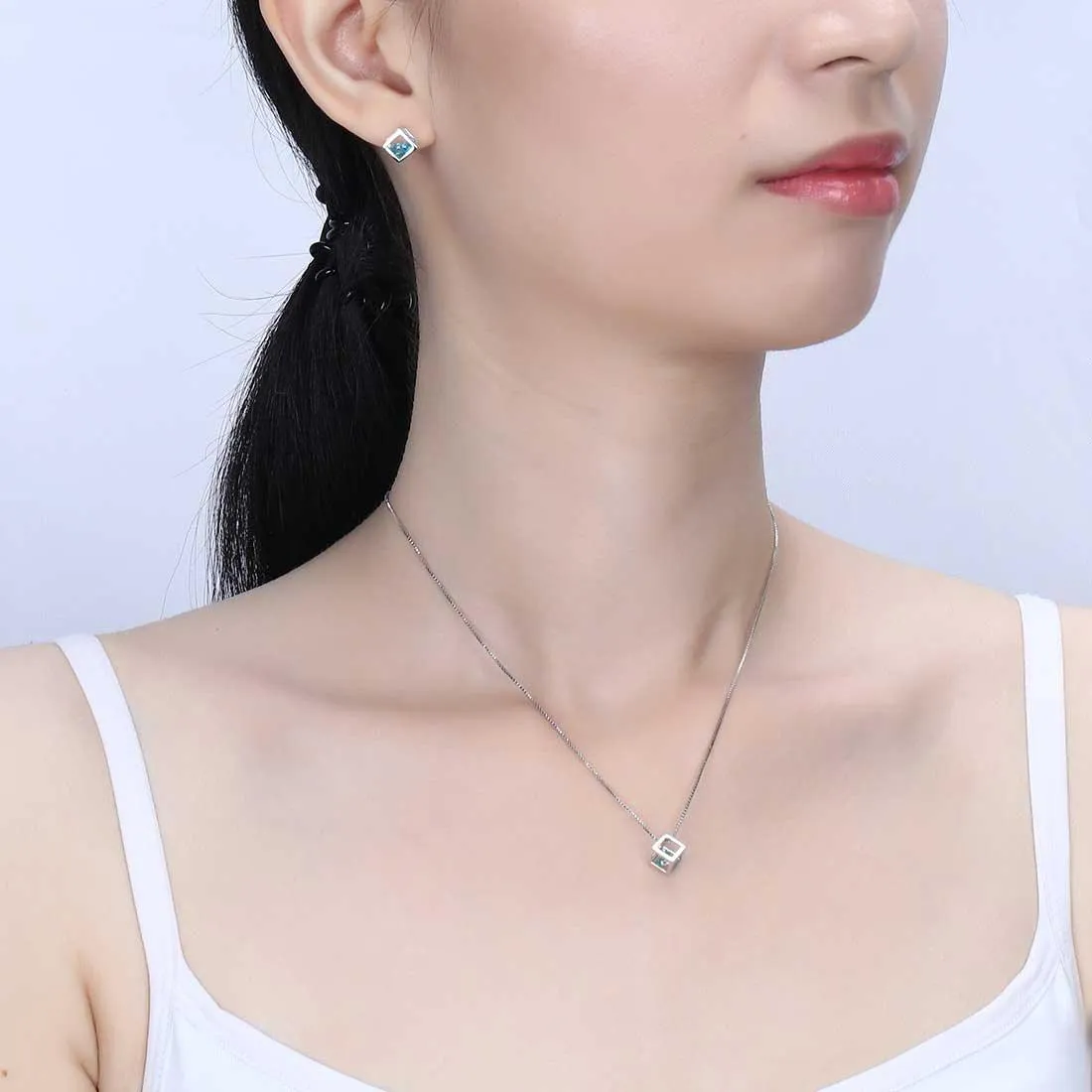 3D Cube Birthstone March Aquamarine Jewelry Set 3PCS Women Girls Birthday Gift