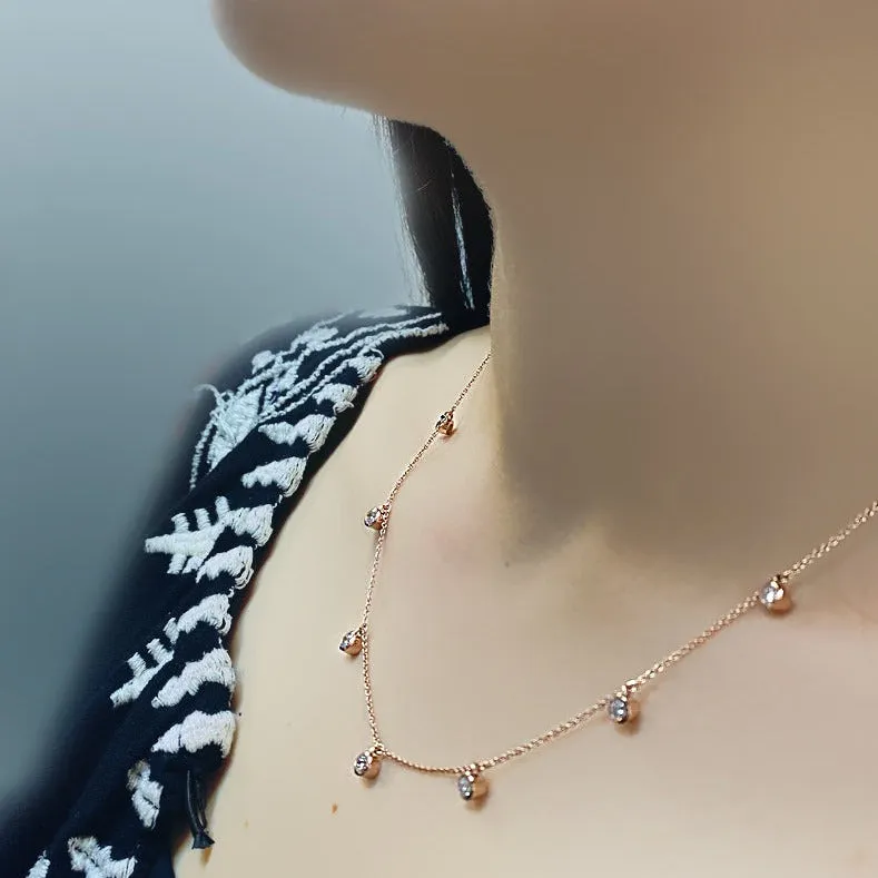 7 Hanging Diamond bezel station necklace 14K Rose Gold