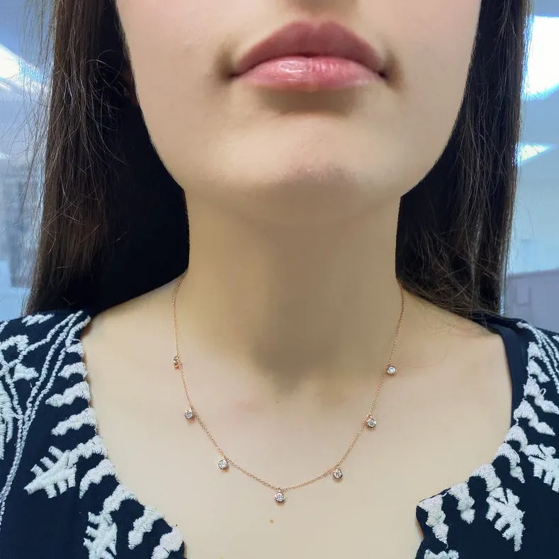 7 Hanging Diamond bezel station necklace 14K Rose Gold