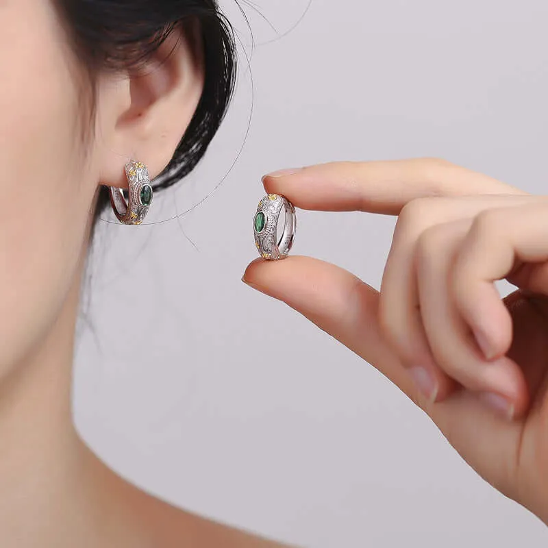925 Silver Carved Flower Gold and Silver Contrast Green Zircon Huggie Earrings