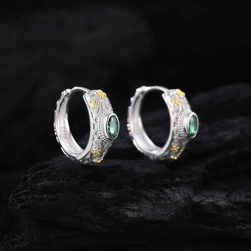 925 Silver Carved Flower Gold and Silver Contrast Green Zircon Huggie Earrings