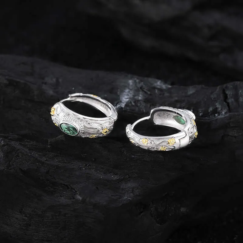 925 Silver Carved Flower Gold and Silver Contrast Green Zircon Huggie Earrings