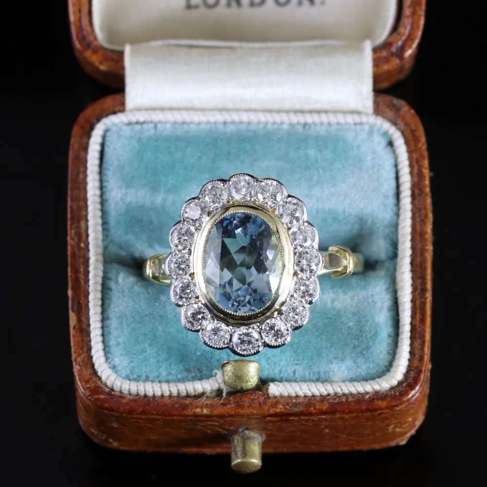 Aquamarine Diamond Cluster Ring 18Ct Gold