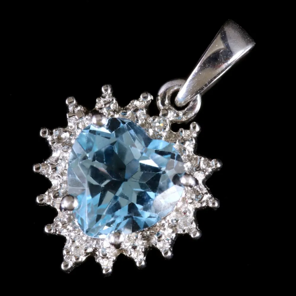 Aquamarine Diamond Heart Pendant Silver Pendant