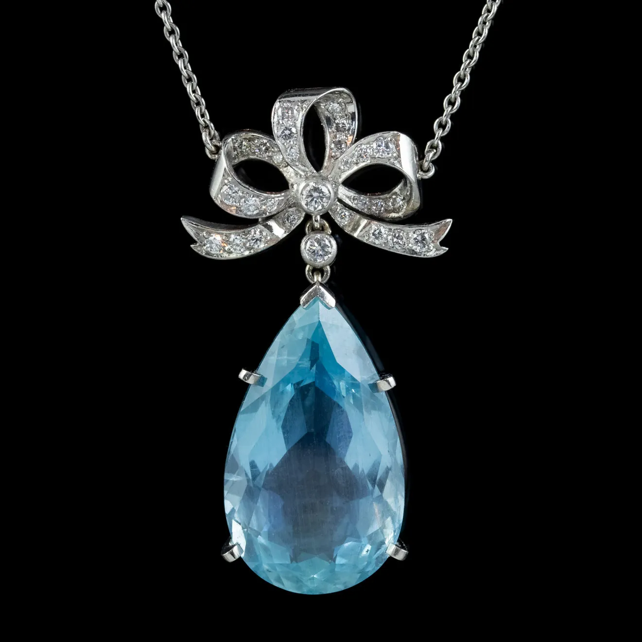 Aquamarine Diamond Pendant Lavaliere Necklace Platinum 20Ct Pear Cut Aqua