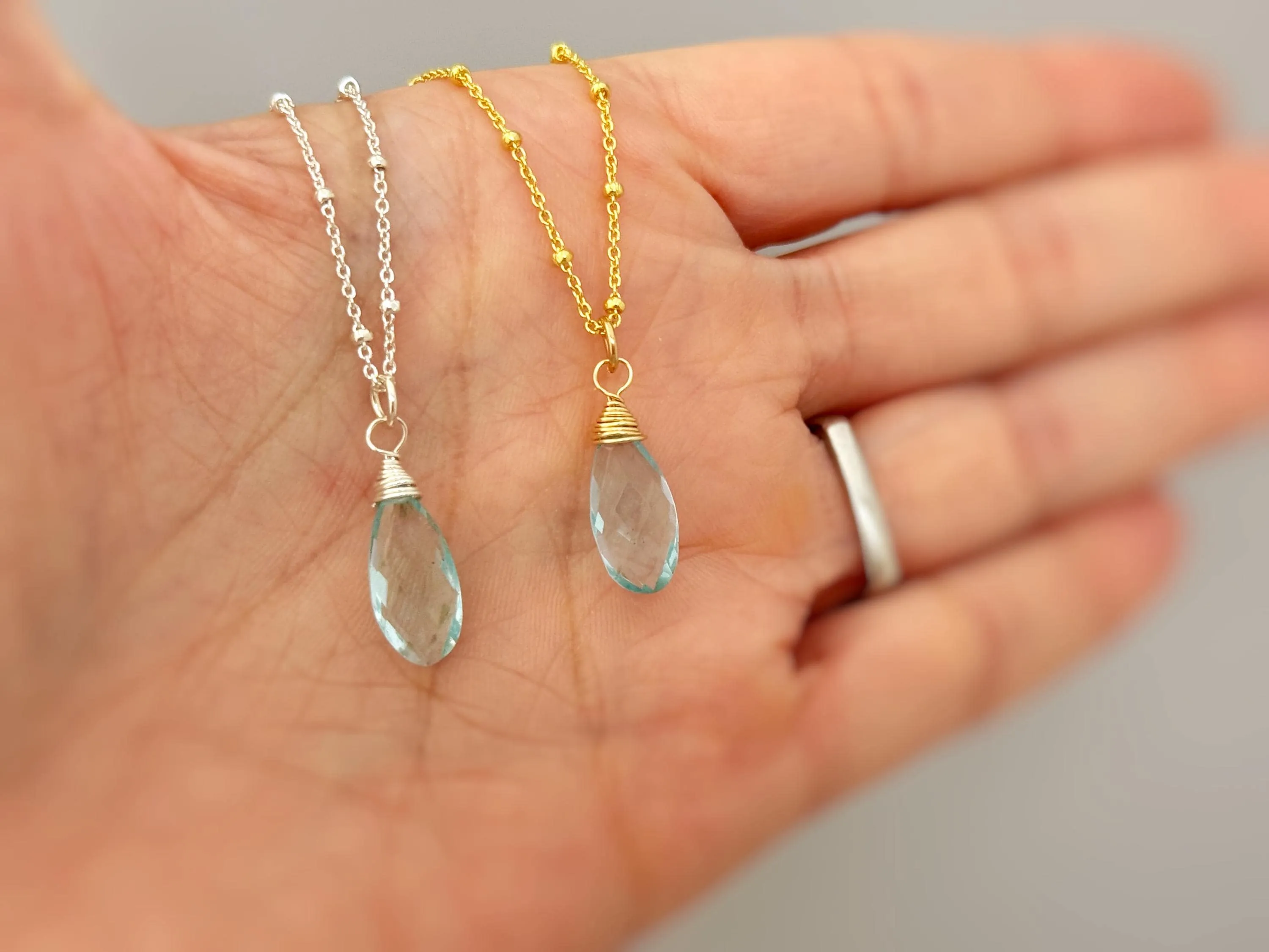 Aquamarine Necklace 14k Gold, Silver, Rose Gold