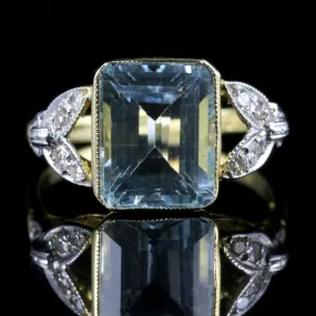 Art Deco Aquamarine Diamond Ring 18Ct Yellow Gold