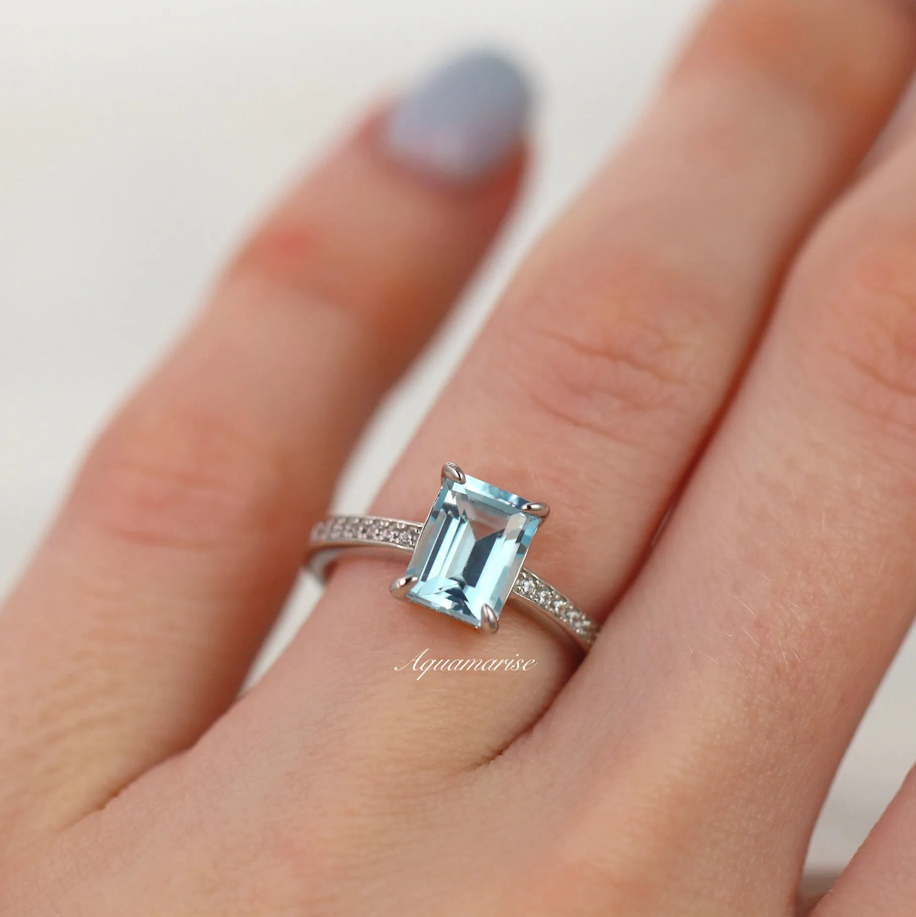 Ava Emerald Cut Aquamarine Ring- 925 Sterling Silver
