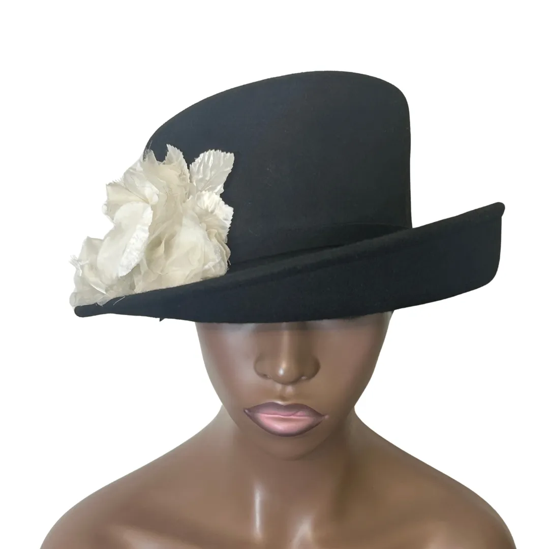 Black & White Wool Felt Hat with Silk & Velvet Trim