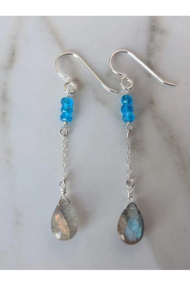 Blue Apatite, Labradorite Gemstone Long Earrings