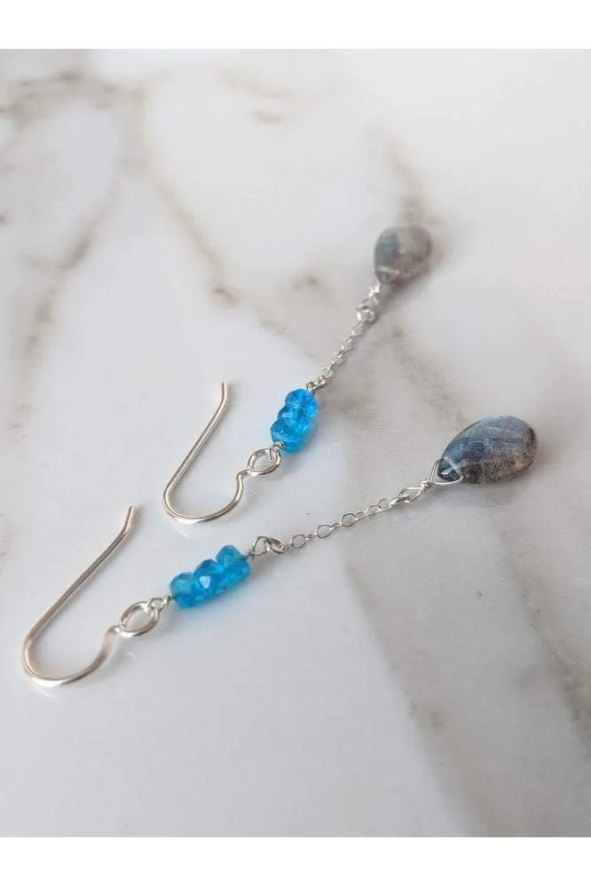 Blue Apatite, Labradorite Gemstone Long Earrings