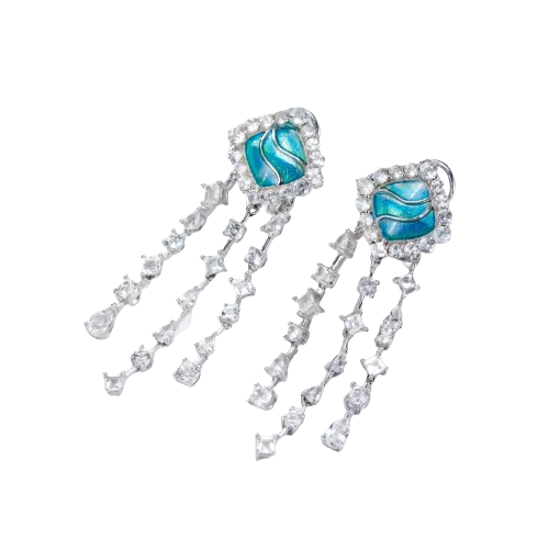 Blue Enamel Zircon Tassels Drop Earrings