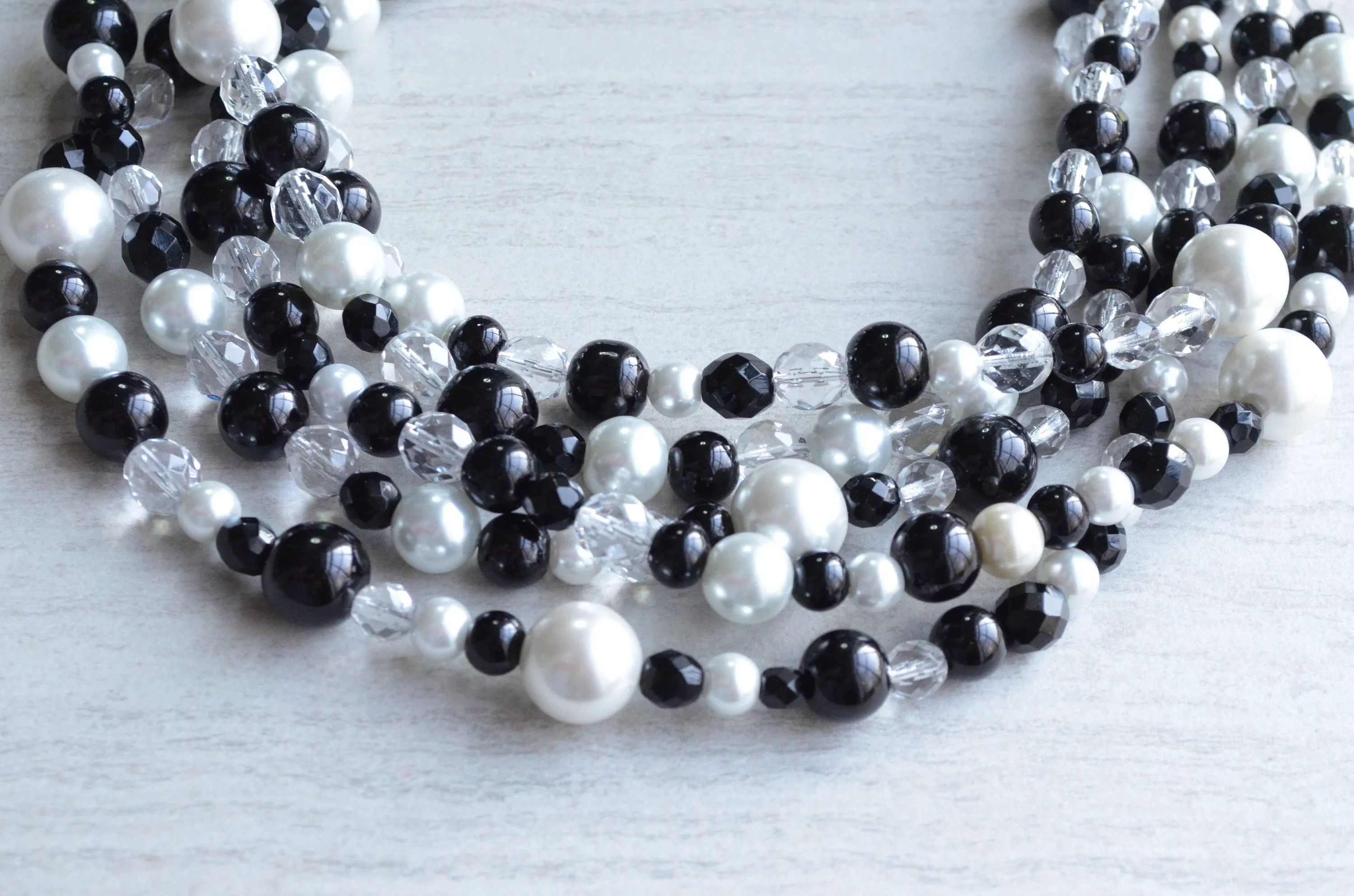 Crystal Black Crystal Pearl Beaded Multi Strand Chunky Statement Necklace - Melissa