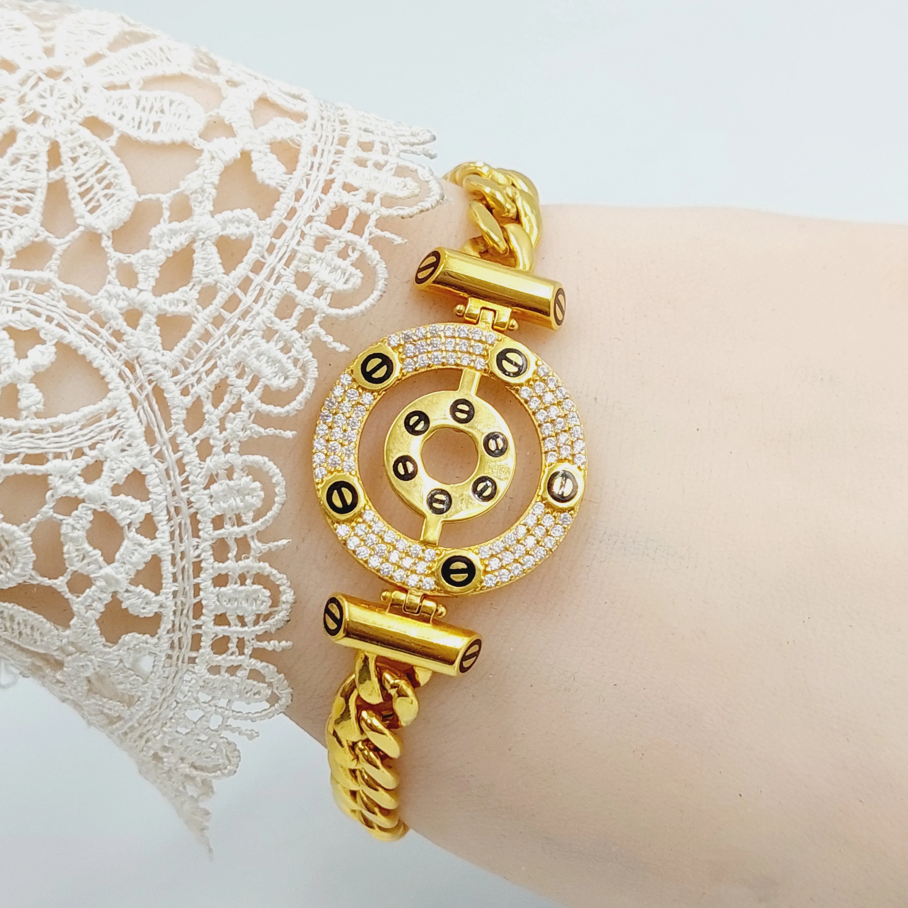 Enameled & Zircon Studded Cuban Links Bracelet