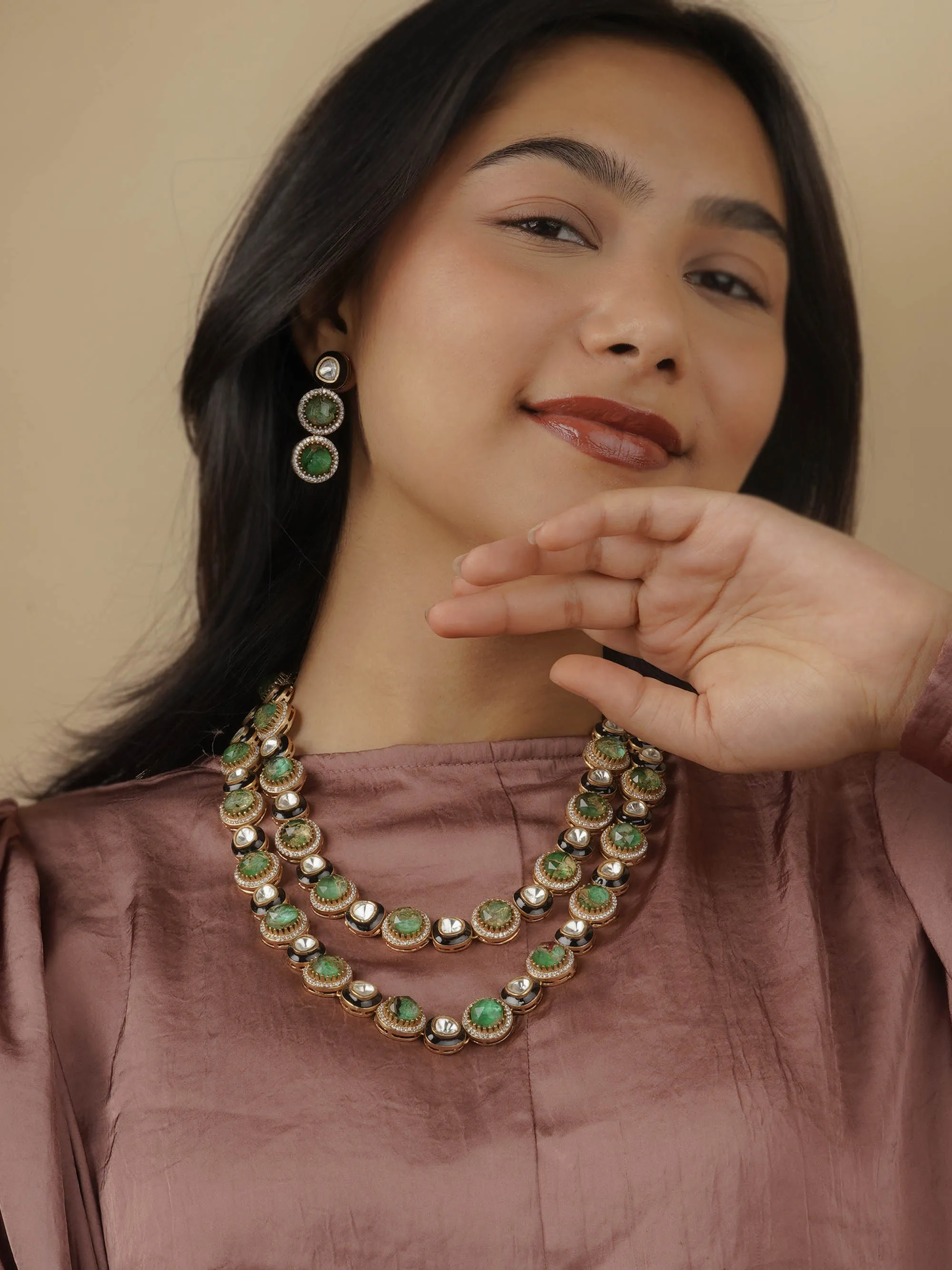 Green Color Gold Plated Contemporary Necklace Set - CC-S14
