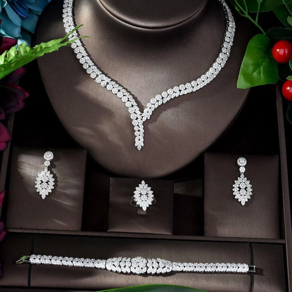 High Quality Designer AAAA  Zirconia Diamonds  Flower Design 4 piece Bridal Wedding Set