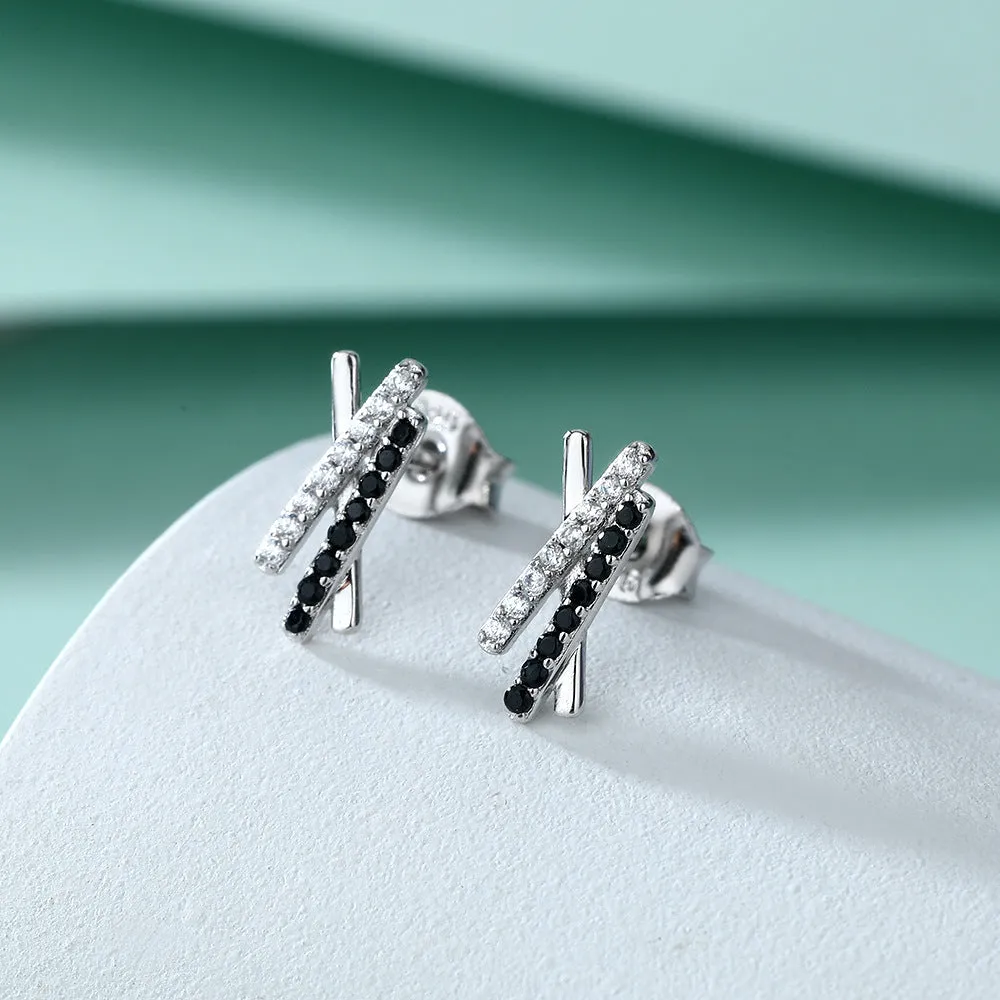 Irregular X with Black Zircon Silver Studs Earrings for Women