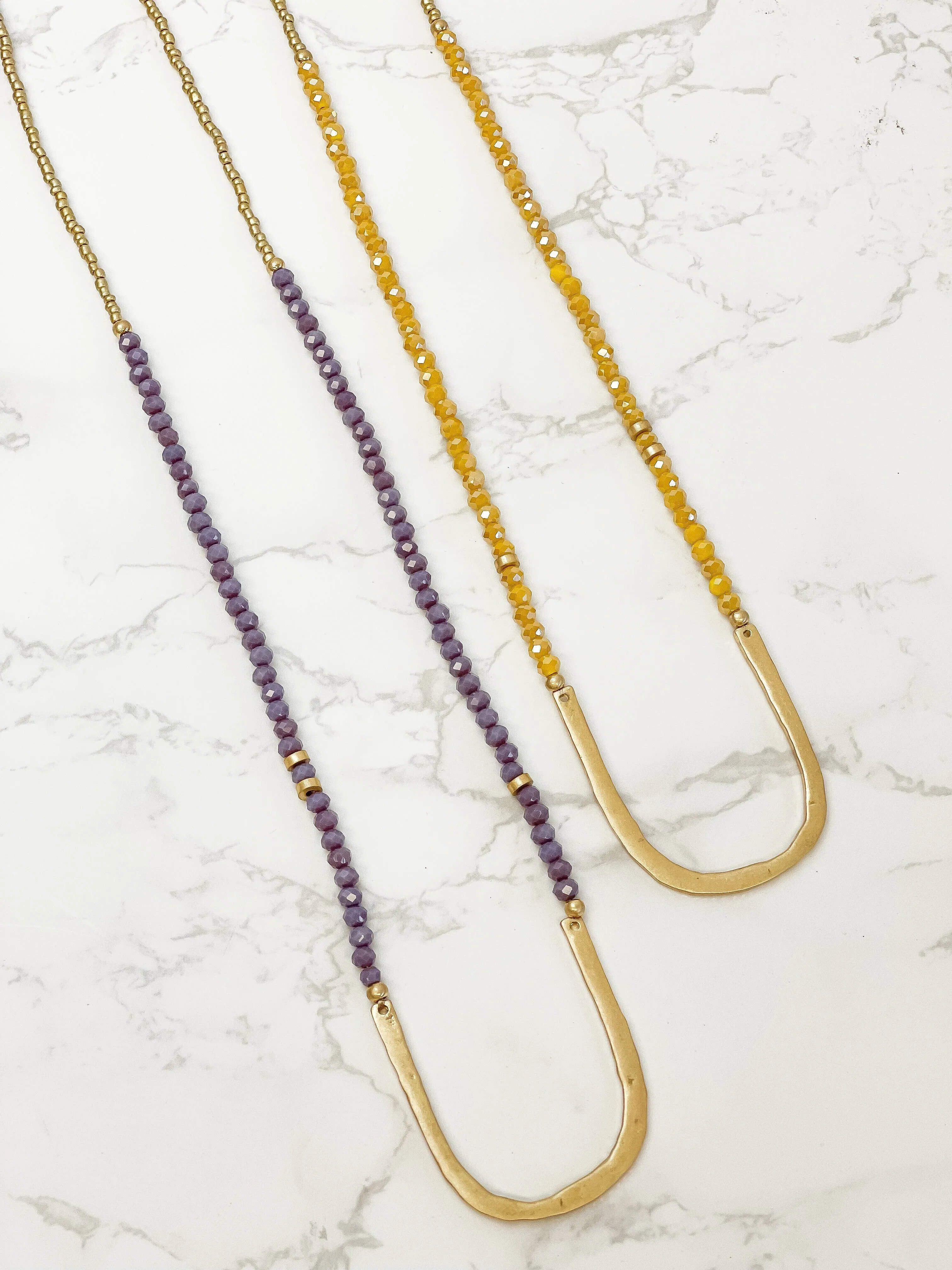 Long Beaded U Shape Pendant Necklace - Mustard