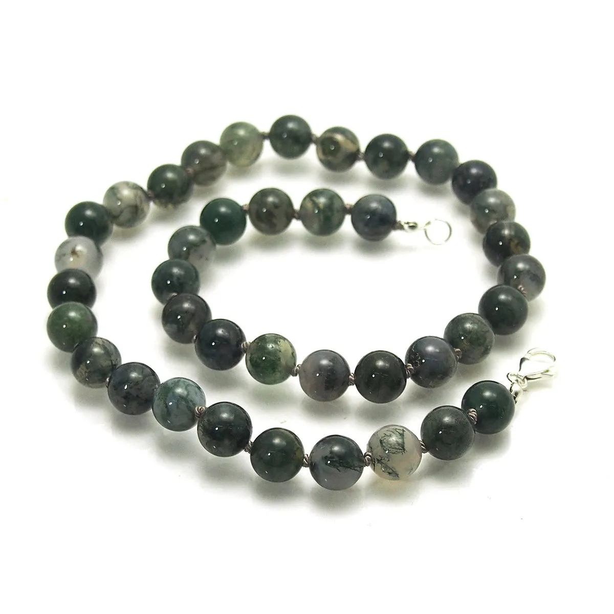 Moss Agate Knotted Necklace with Sterling Silver Trigger Clasp