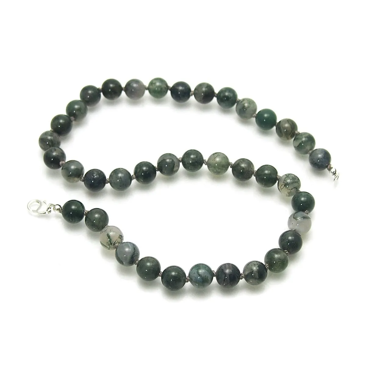 Moss Agate Knotted Necklace with Sterling Silver Trigger Clasp