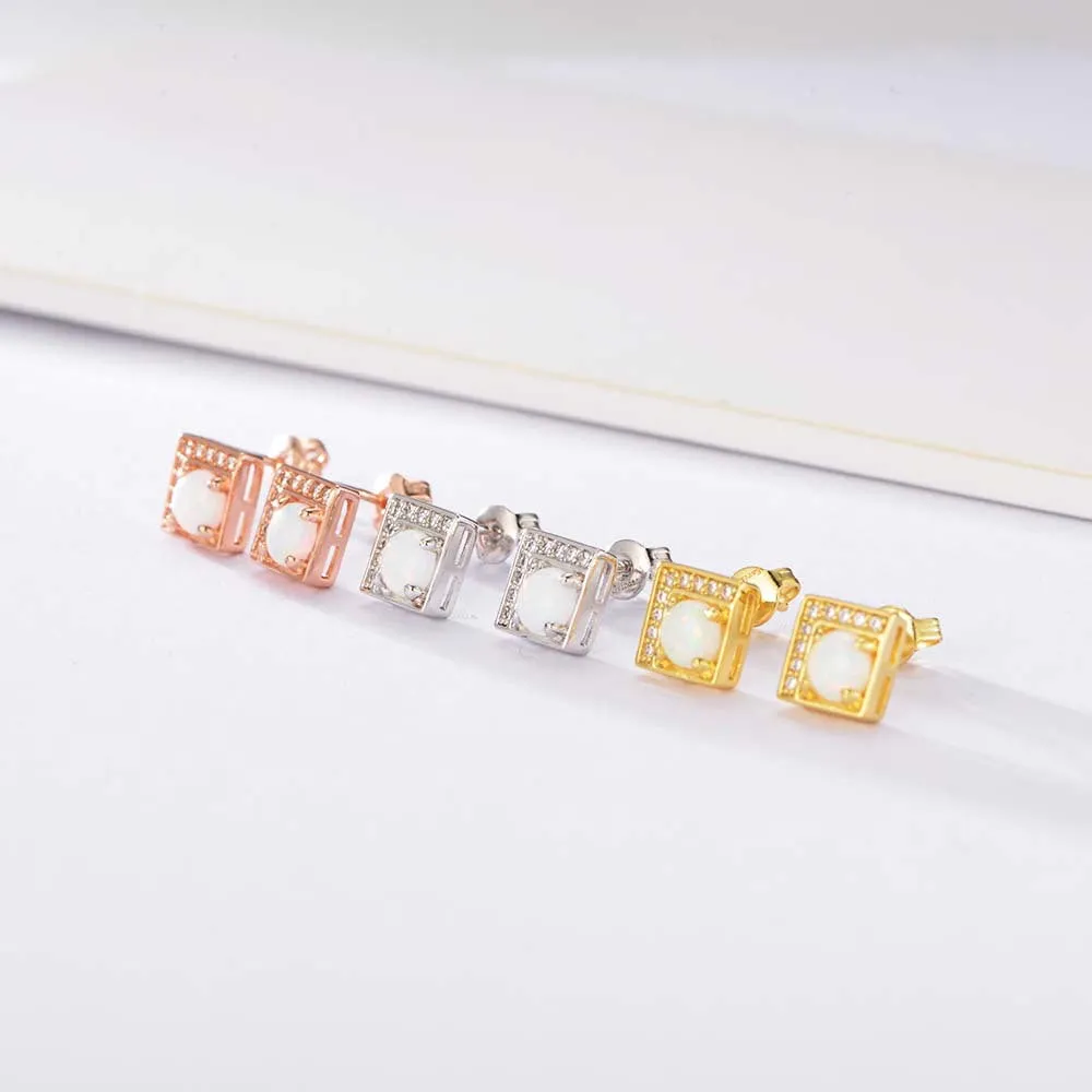 Opal Jewelry with Zircon Square Silver Studs Earrings for Women