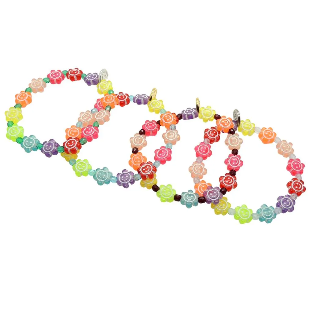 Rainbow Smiley Flower Charm Faceted Glass Bead Bracelet