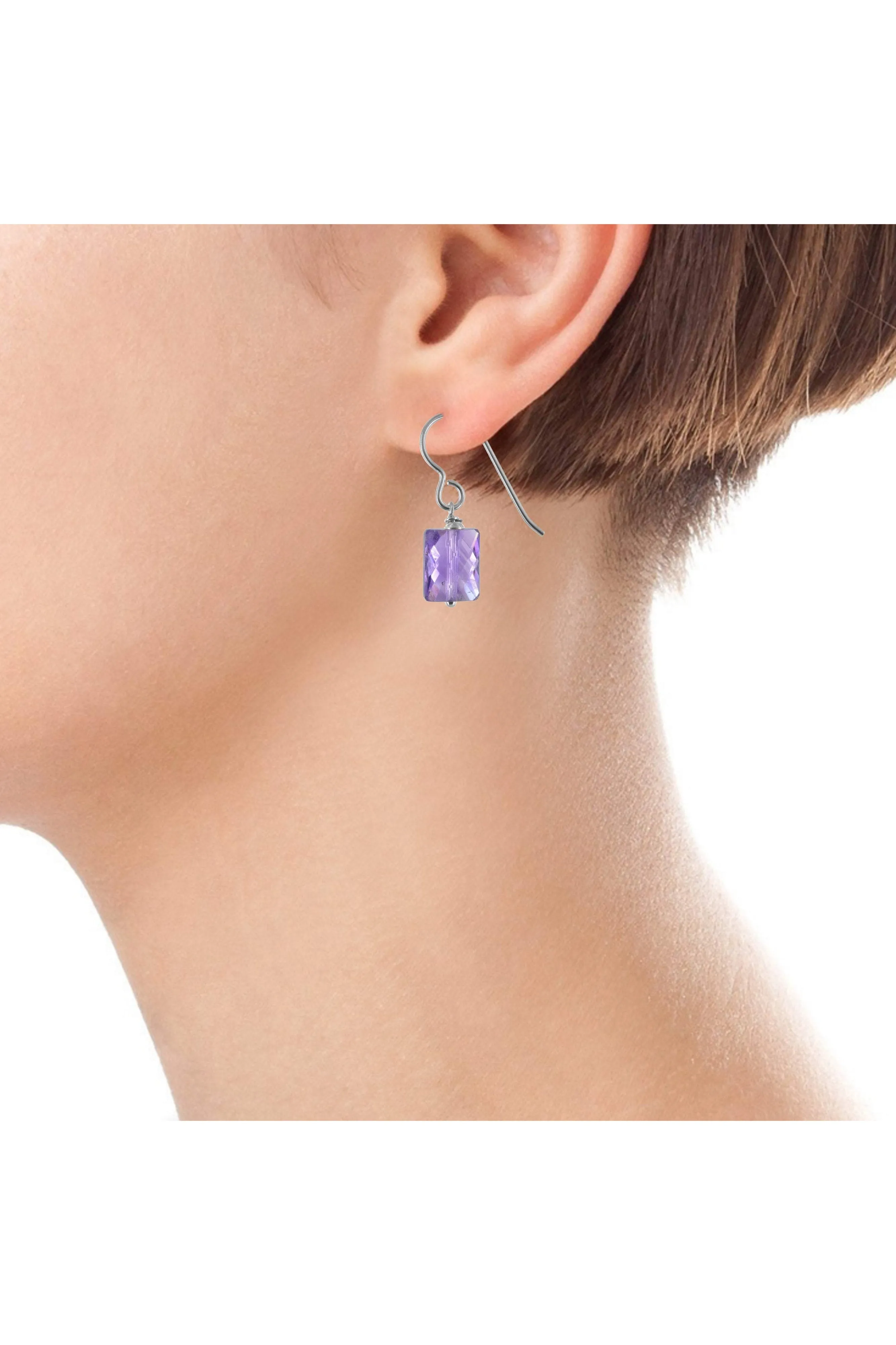 Rectangular Amethyst Gemstone Dainty Earrings