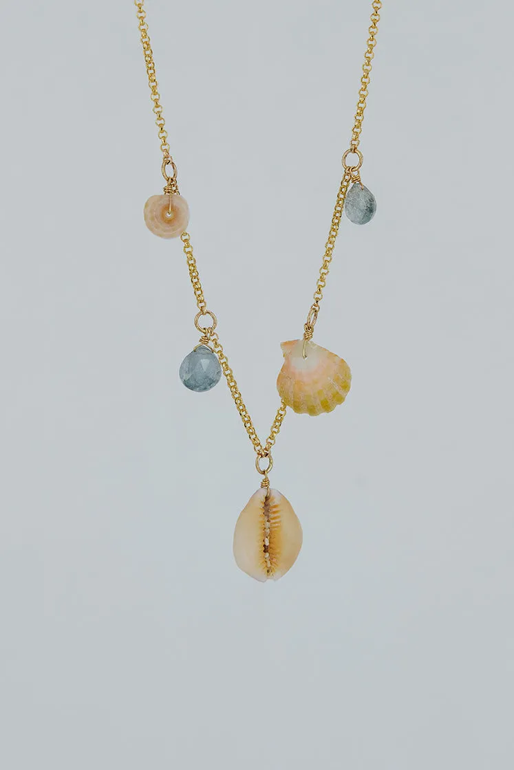 Shell Pile Necklace -  Purple Top Cowrie Shell   Aquamarine