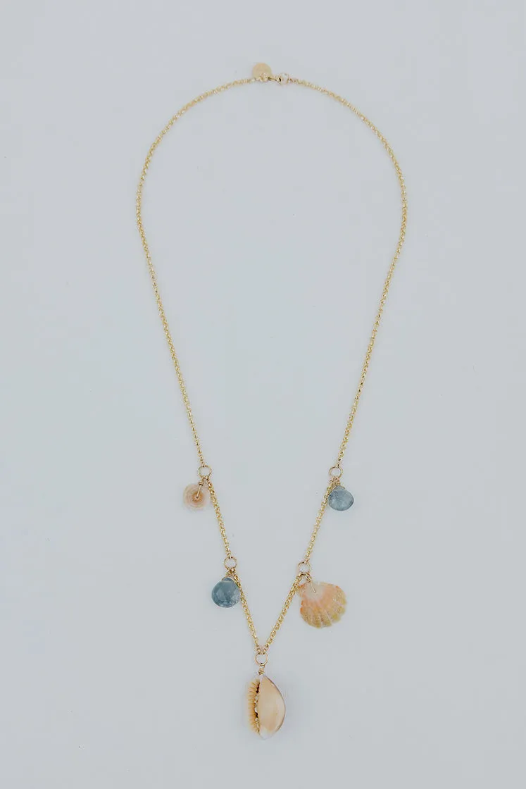 Shell Pile Necklace -  Purple Top Cowrie Shell   Aquamarine