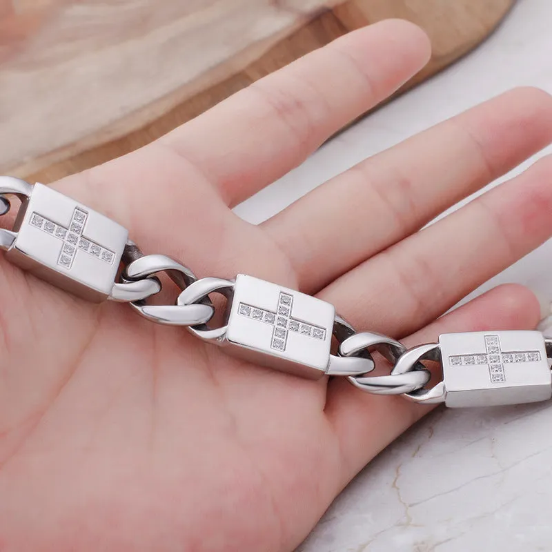 Trendy Titanium Steel Cross Zircon-Studded Hip-Hop Bracelet for Men and Women