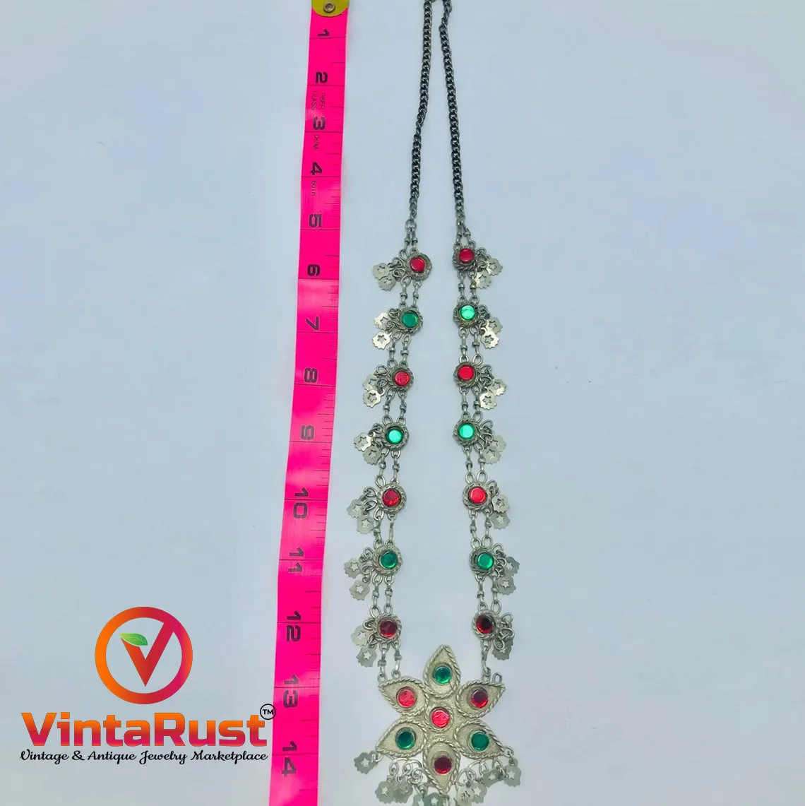 Tribal Pendant Necklace With Red and Green Glass Stone