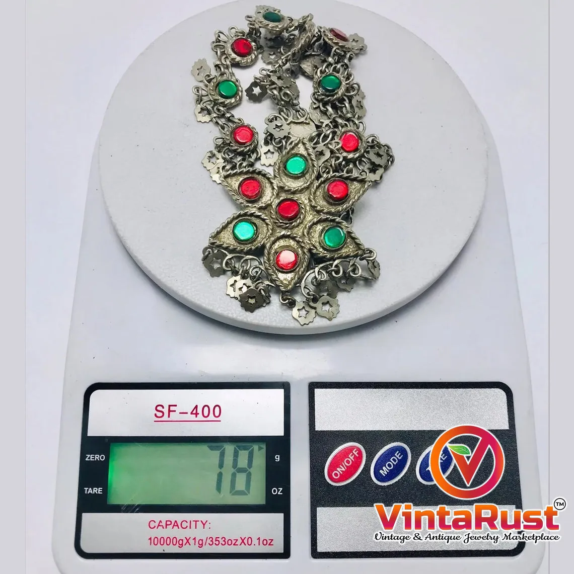 Tribal Pendant Necklace With Red and Green Glass Stone