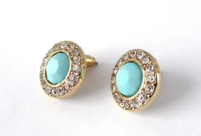 Turquoise Color Rhinestone Halo Earrings 1990s Round Rhinestones Posts