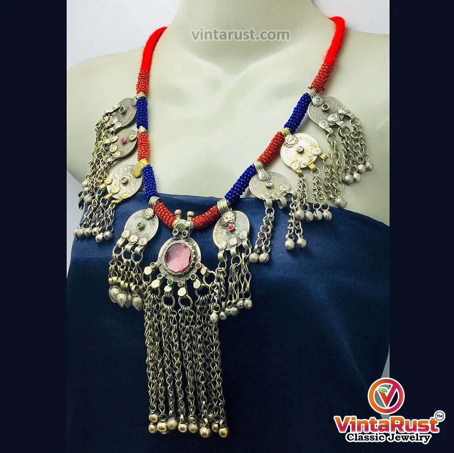 Vintage Dangling Coins and Long Silver Bells Necklace