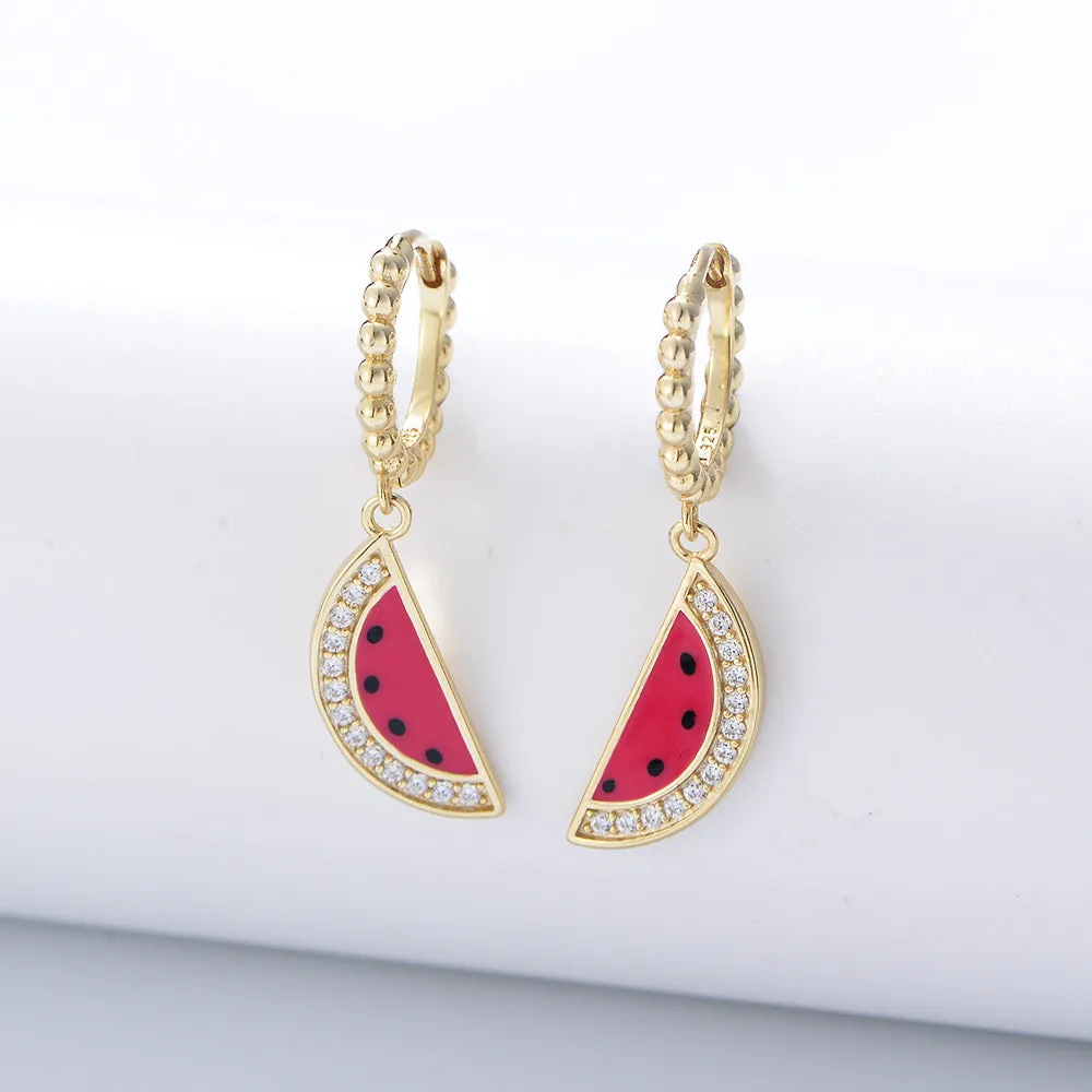 Watermelon with Zircon Silver Drop Earrings for Women