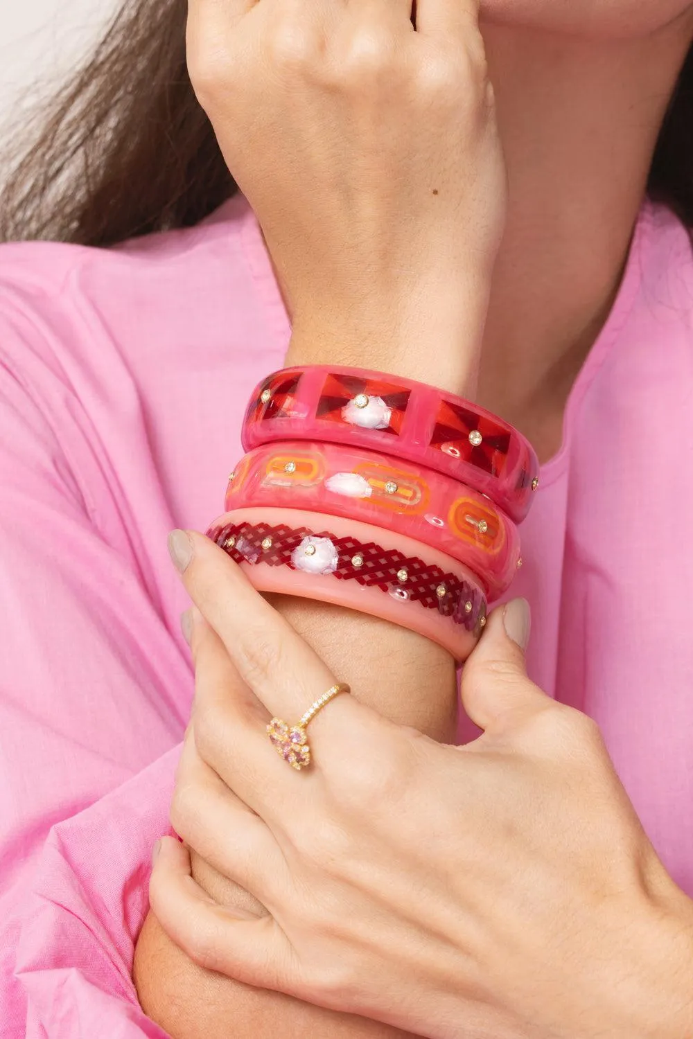 White Topaz Pink Yellow Bakelite Bangle