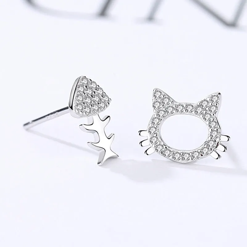 Zircon Cat and Fishbone Asymmetric Silver Studs Earrings for Women