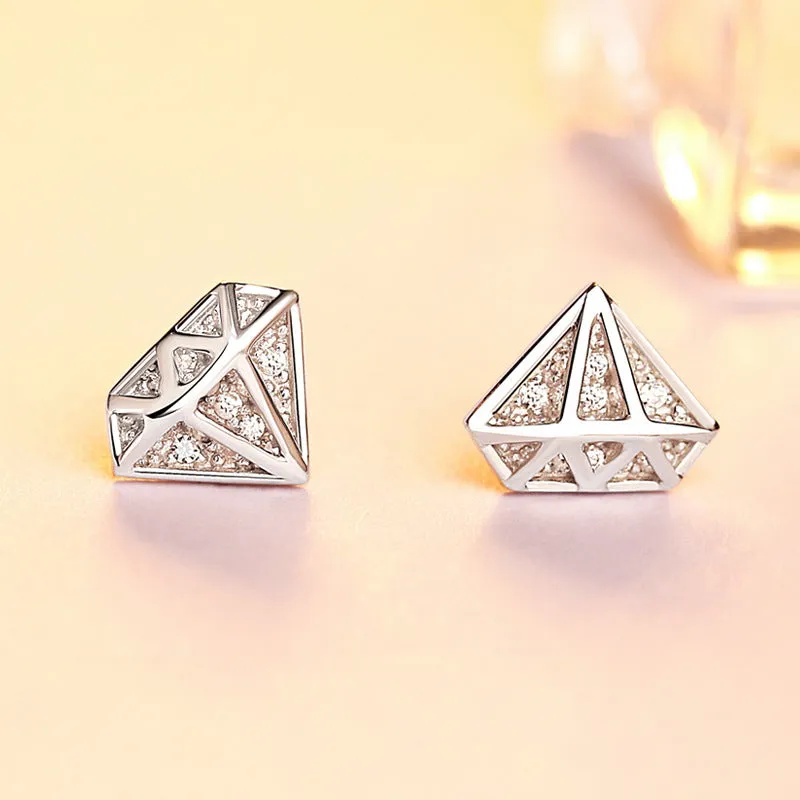 Zircon Diamond Shape Silver Studs Earrings for Women